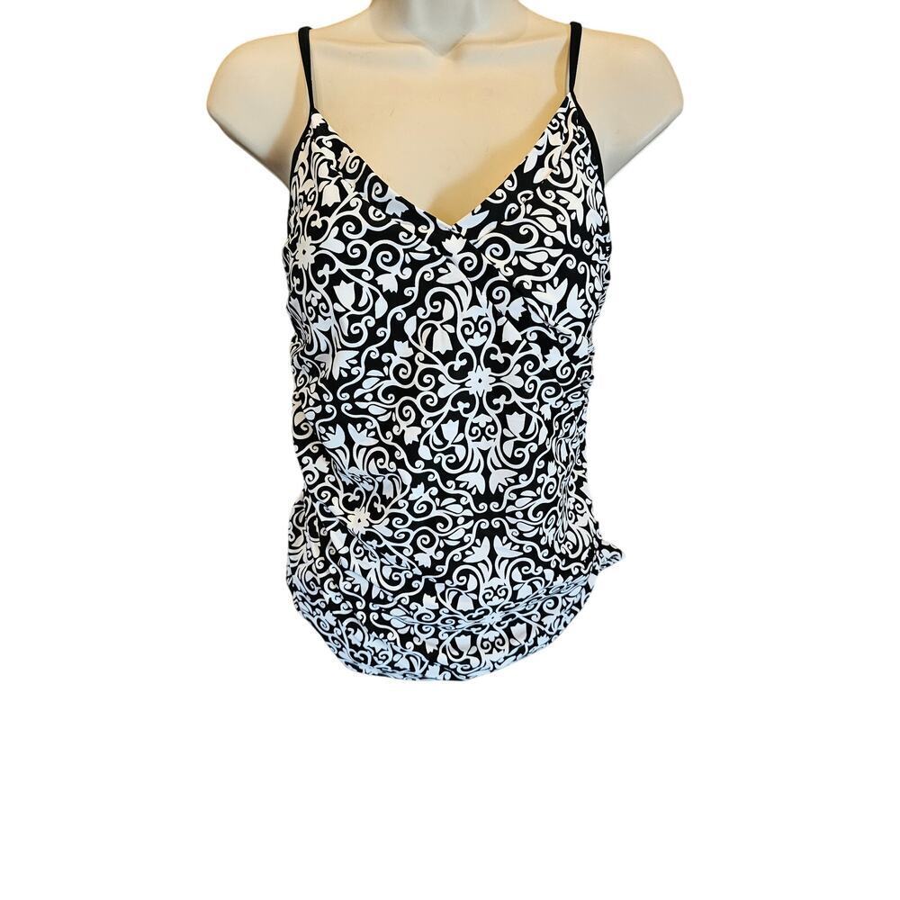 NWT Tropical escape size 8 tankini black white geometric ruched sides beach swim